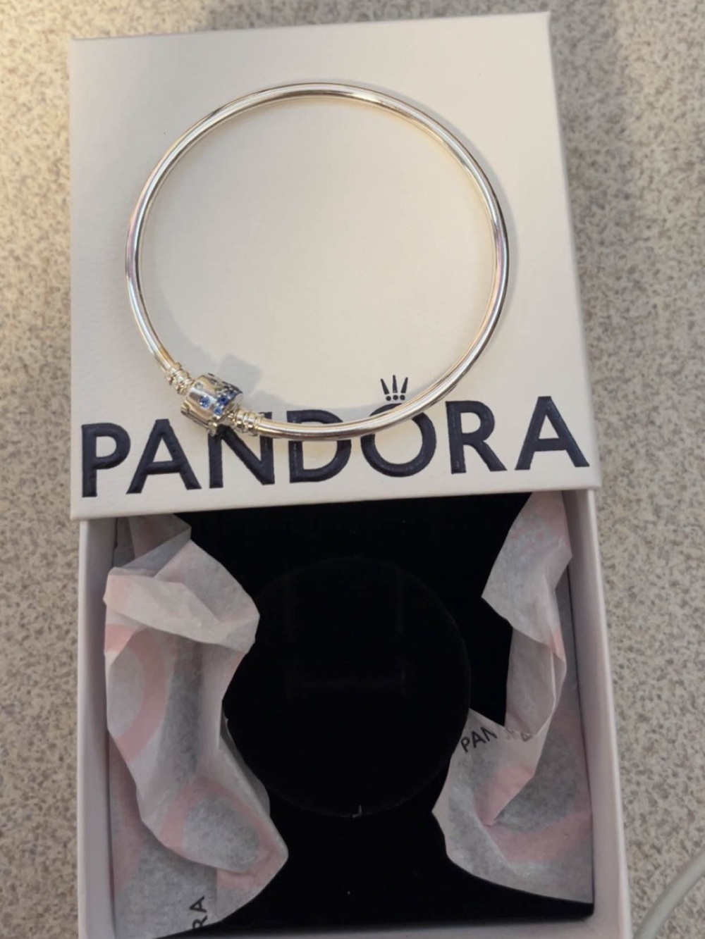 Stanley Silver Bangle Bracelet with Blue Accent Charm